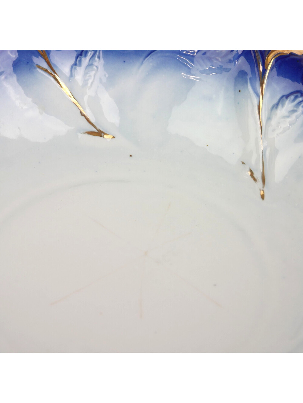 Antique Flow Blue Porcelain Bowl 10.4" Gold Gilt Embossed Cherries Openwork Rim - Picture 9 of 12